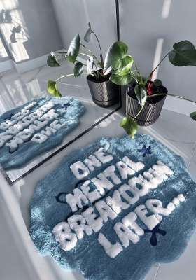 Saffron Rugs Hand Tufted Cotton Bath Mat | Steel Blue Scalloped | Anti Slip Backing | Eclectic Typography BATHMATS Bathroom Rug