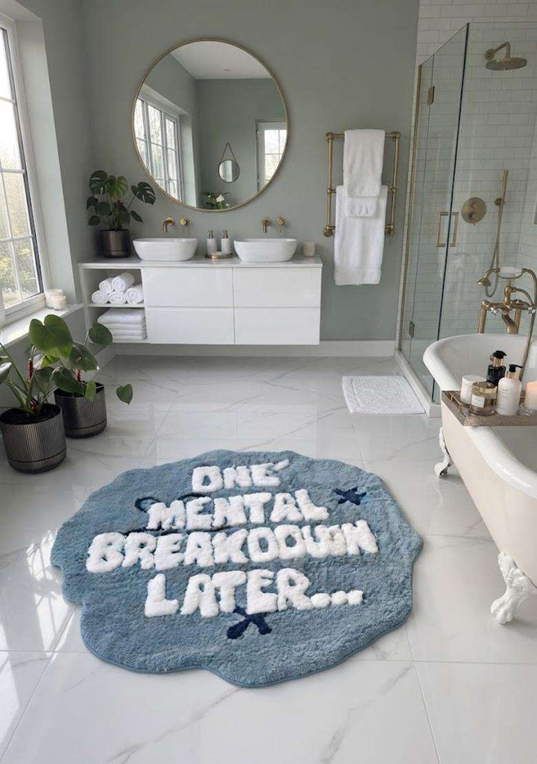 Saffron Rugs Hand Tufted Cotton Bath Mat | Steel Blue Scalloped | Anti Slip Backing | Eclectic Typography BATHMATS Bathroom Rug - Indya