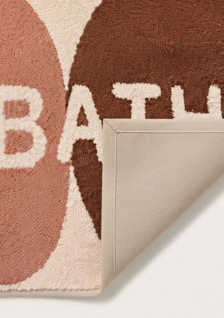Saffron Rugs Hand Tufted Cotton Bath Mat | Brown Terracotta Rectangular | Anti Slip Backing | Contemporary Typography BATHMATS Bathroom Rug - Indya
