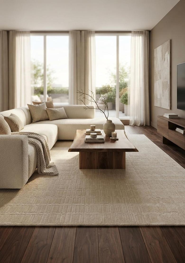 Saffron Rugs Hand Tufted 100% Wool Area Rug | Cream Rectangular Rug | Cotton Backing | Contemporary Geometric Carpet for Living Room Bedroom - Indya
