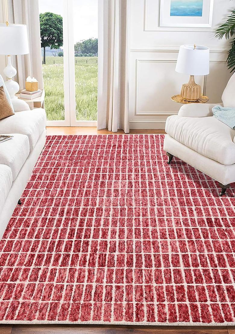 Saffron Rugs Hand Tufted 100% Wool Area Rug | Brick Red Rectangular Rug | Cotton Backing | Contemporary Geometric Carpet for Living Room - Indya