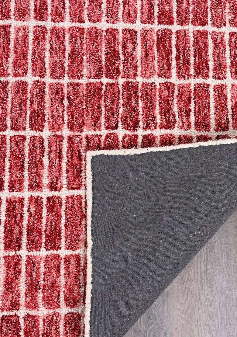 100% Wool Handmade Red Rug | Contemporary Geometric Carpet With Cotton Backing For Living Room - Indya