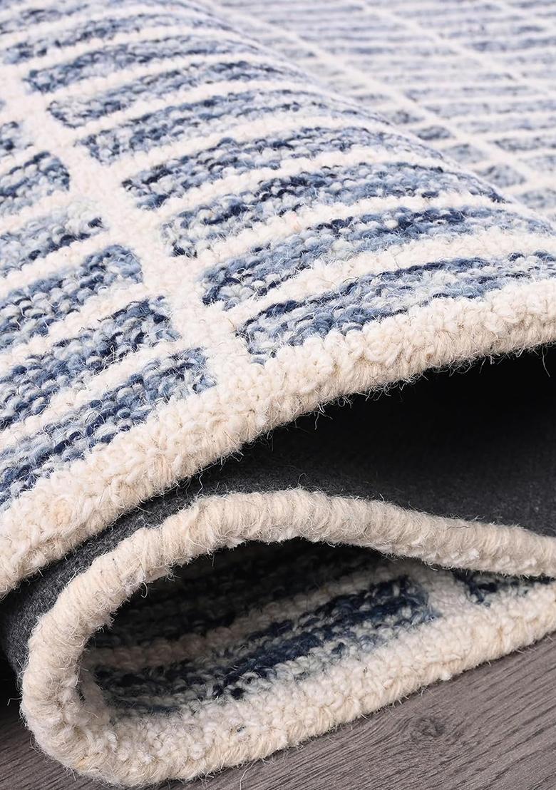 Saffron Rugs Hand Tufted 100% Wool Area Rug | Blue and White Rectangular Rug | Cotton Backing | Contemporary Geometric Carpet for Living Room - Indya