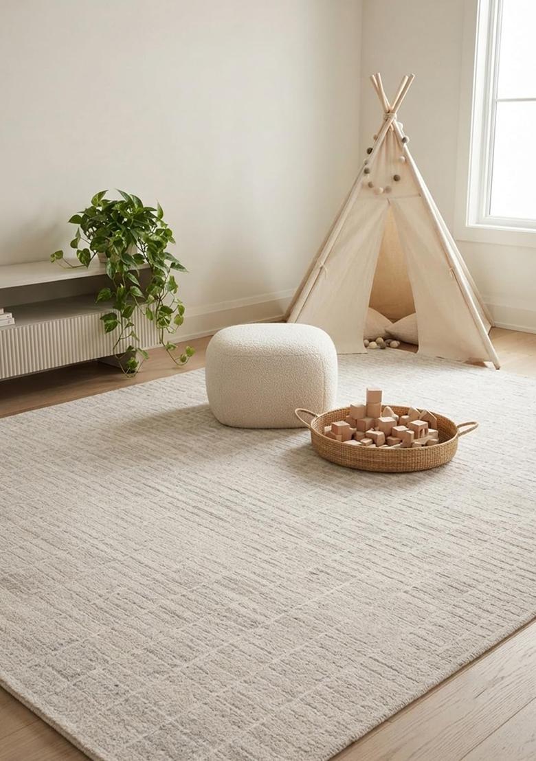 Saffron Rugs Hand Tufted 100% Wool Area Rug | Ivory Cream Rectangular Rug | Cotton Backing | Contemporary Geometric Carpet for Living Room - Indya
