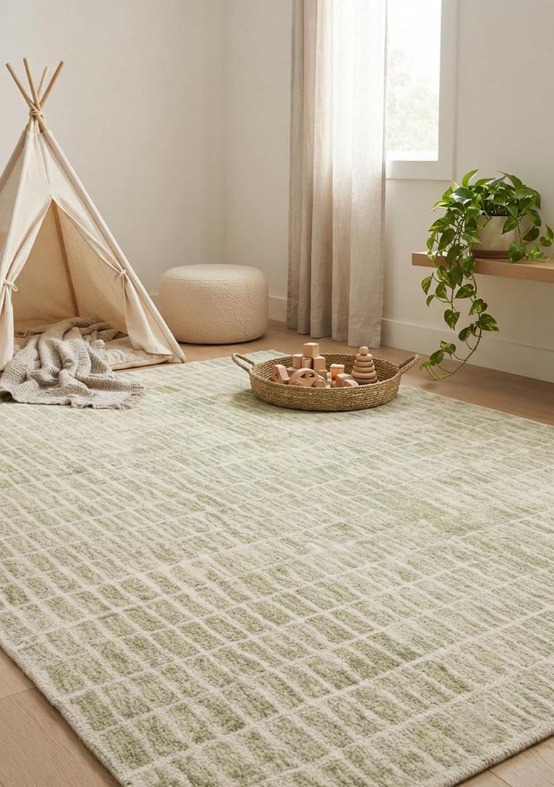 Saffron Rugs Hand Tufted 100% Wool Area Rug | Sage Green Rectangular Rug | Cotton Backing | Contemporary Geometric Carpet for Living Room - Indya
