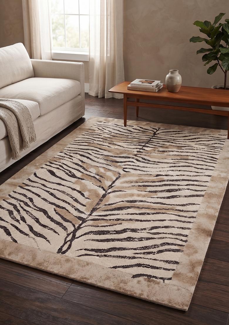 Saffron Rugs Hand Tufted 100% Wool Area Rug | Beige Brown Rectangular Rug | Cotton Backing | Contemporary Animal Print Carpet for Living Room - Indya