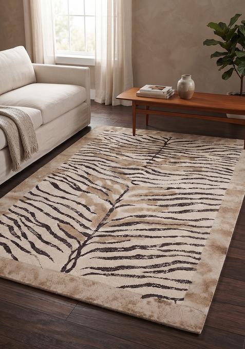 Saffron Rugs Hand Tufted 100% Wool Area Rug | Beige Brown Rectangular Rug | Cotton Backing | Contemporary Animal Print Carpet for Living Room