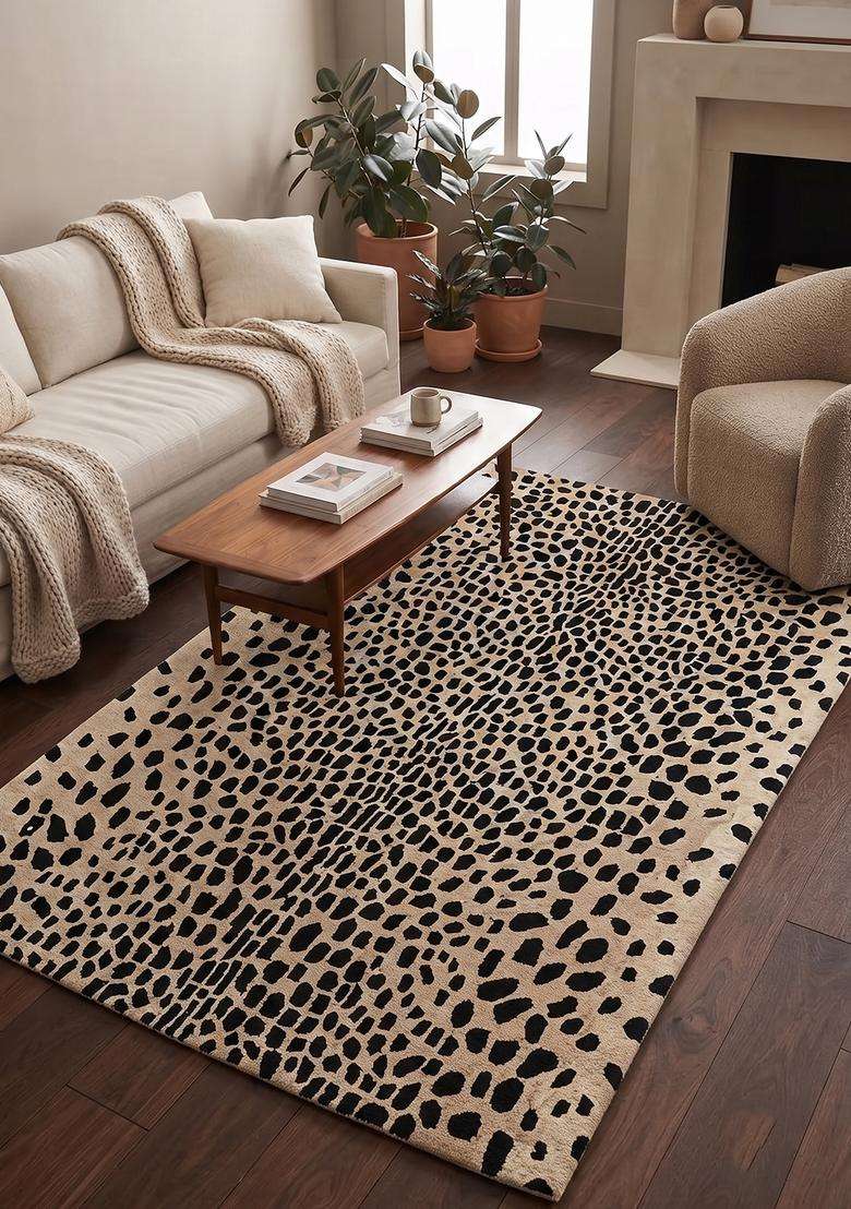 100% Wool Handmade Beige Black Rug | Bohemian Animal Print Carpet With Cotton Backing For Living Room - Indya