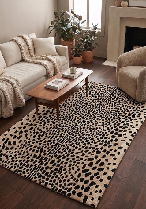 Saffron Rugs Hand Tufted 100% Wool Area Rug | Beige Black Rectangular Rug | Cotton Backing | Bohemian Animal Print Carpet for Living Room