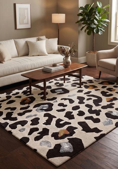 Saffron Rugs Hand Tufted 100% Wool Area Rug | Cream Beige Rectangular Rug | Cotton Backing | Contemporary Animal Print Carpet for Living Room