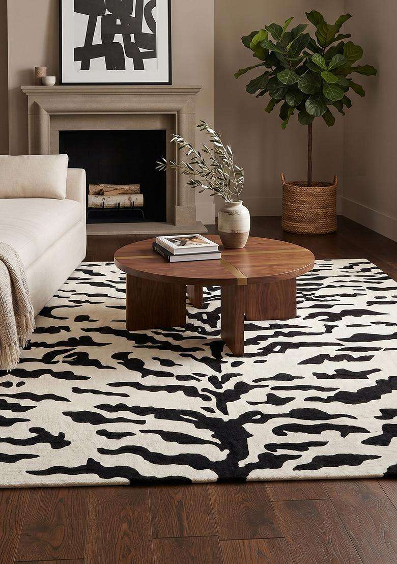 Saffron Rugs Black Contemporary Animal Print Hand Tufted Wool Rectangular Rug - Indya