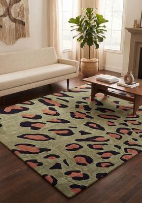Saffron Rugs Hand Tufted 100% Wool Area Rug | Olive Green Rectangular Rug | Cotton Backing | Eclectic Animal Print Carpet for Living Room