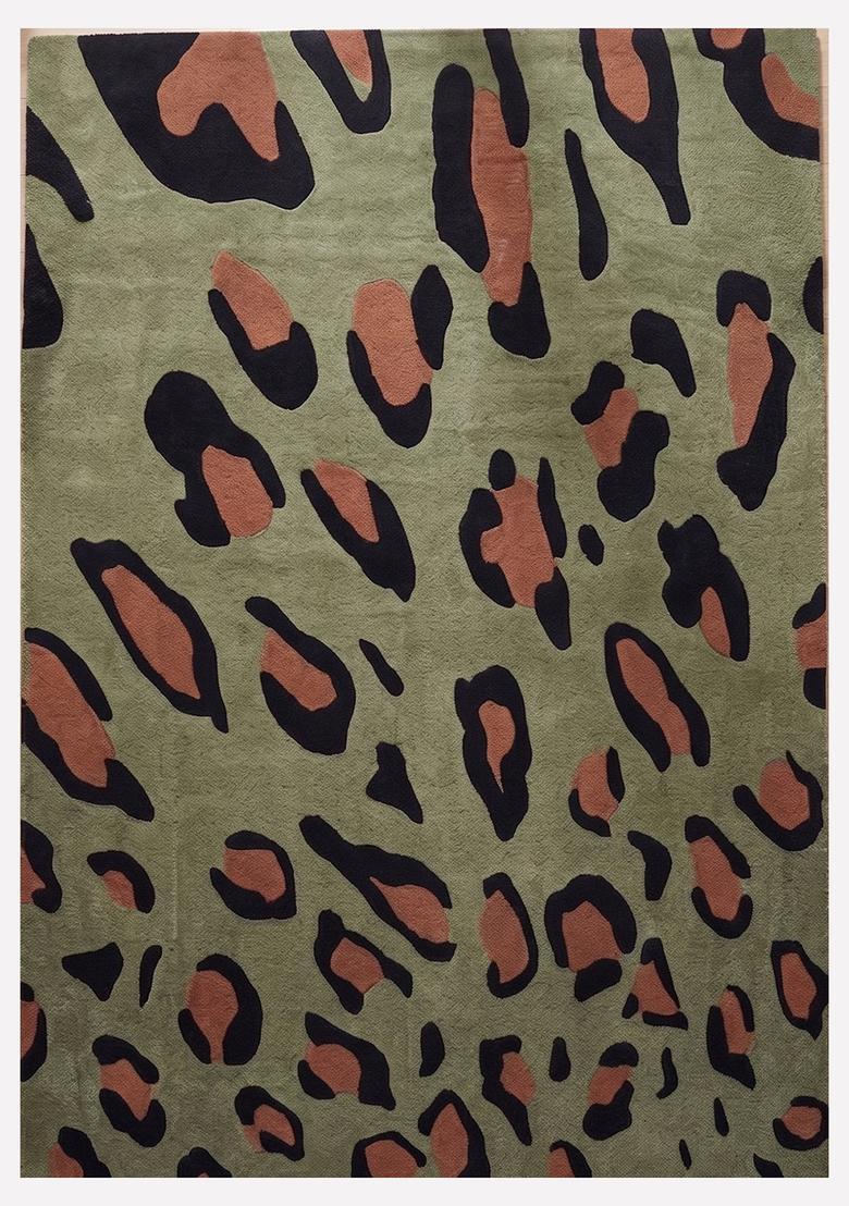 Saffron Rugs Hand Tufted 100% Wool Area Rug | Olive Green Rectangular Rug | Cotton Backing | Eclectic Animal Print Carpet for Living Room - Indya