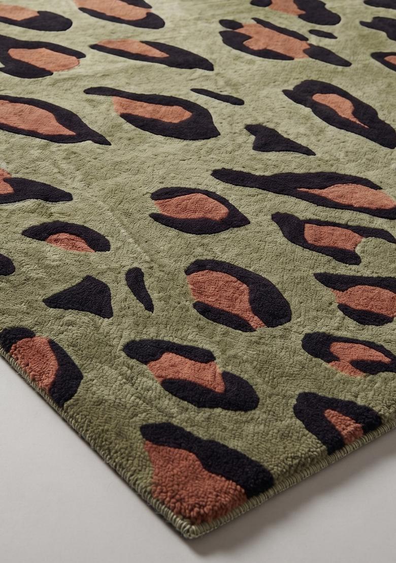 Saffron Rugs Hand Tufted 100% Wool Area Rug | Olive Green Rectangular Rug | Cotton Backing | Eclectic Animal Print Carpet for Living Room - Indya