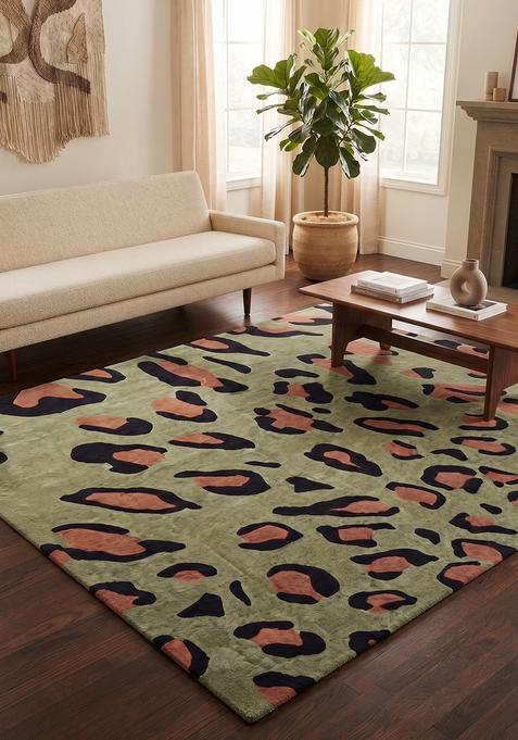 Saffron Rugs Hand Tufted 100% Wool Area Rug | Olive Green Rectangular Rug | Cotton Backing | Eclectic Animal Print Carpet for Living Room