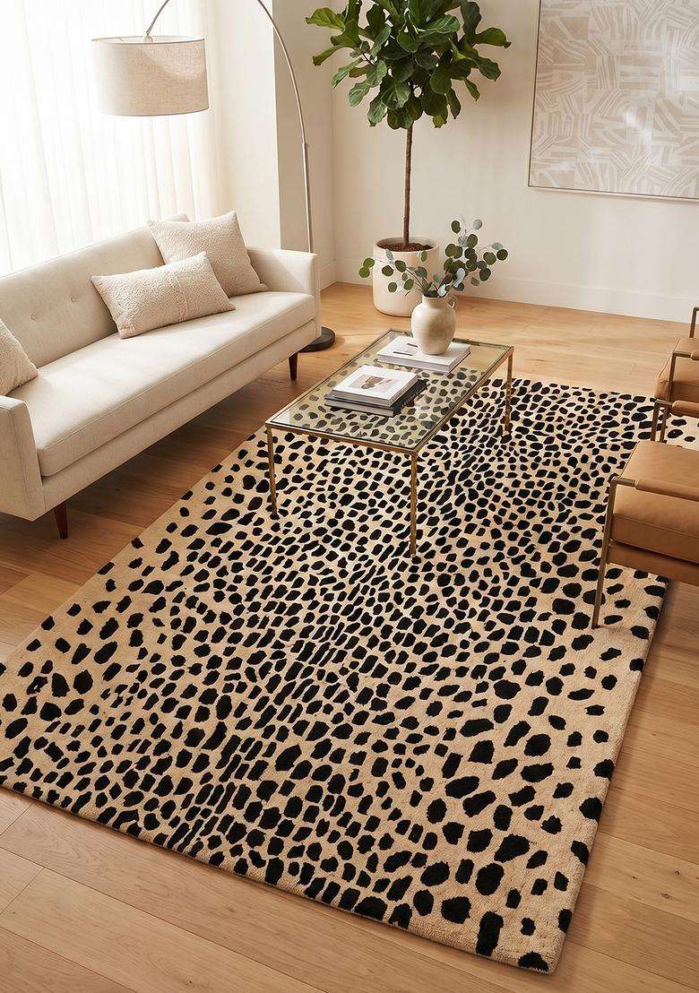 100% Wool Handmade Tan Beige Rug | Contemporary Animal Print Carpet With Cotton Backing For Living Room - Indya