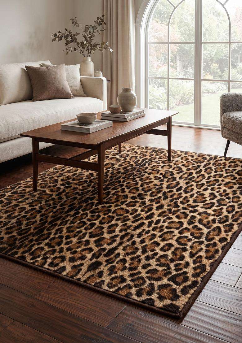 100% Wool Handmade Golden Brown Rug | Glam Animal Print Carpet With Cotton Backing For Living Room - Indya