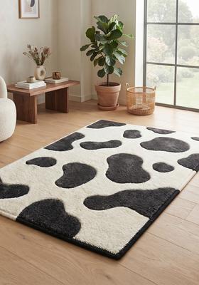 Saffron Rugs Hand Tufted 100% Wool Area Rug | Black and White Rectangular Rug | Cotton Backing | Contemporary Cow Print Carpet for Living Room