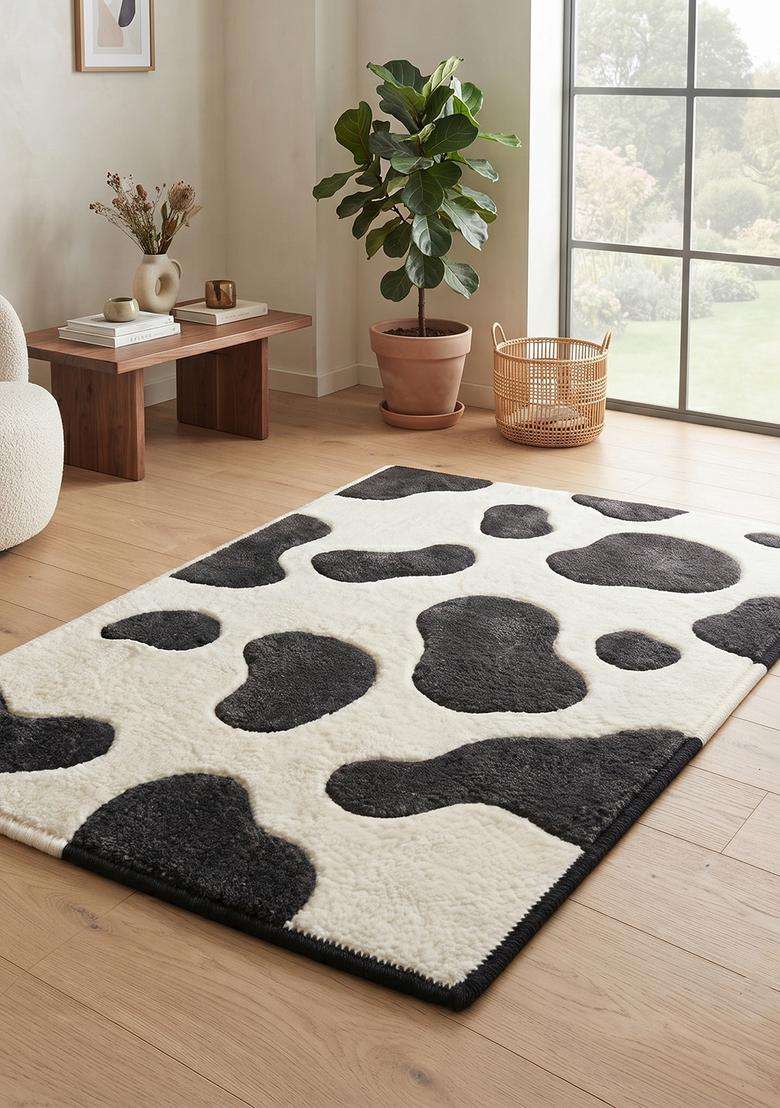 Saffron Rugs Black Contemporary Cow Print Hand Tufted Wool Rectangular Rug - Indya