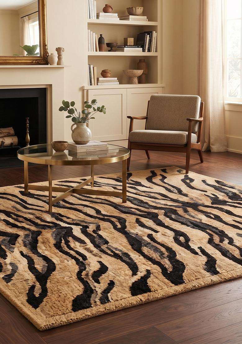 100% Wool Handmade Golden Tan Rug | Contemporary Animal Print Carpet With Cotton Backing For Living Room - Indya