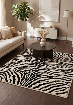 Saffron Rugs Hand Tufted 100% Wool Area Rug | Cream and Black Square Rug | Cotton Backing | Contemporary Animal Print Carpet for Living Room