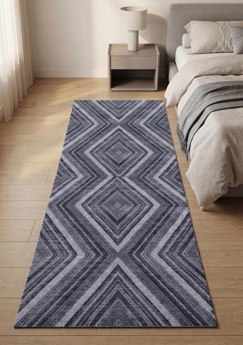 Saffron Rugs Wool Tufted Machine Washable Runner | Water Repellent Non Slip | Grey Contemporary Geometric for Kitchen Bedroom Living Room Hallway - Indya