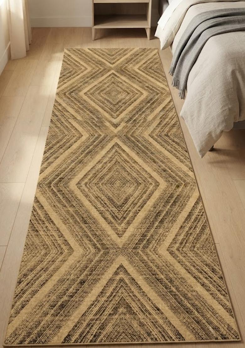 Saffron Rugs Wool Tufted Machine Washable Runner | Water Repellent Non Slip | Tan Beige Contemporary Geometric for Kitchen Bedroom Living Room Hallway - Indya
