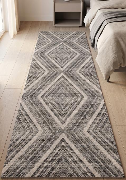 Saffron Rugs Wool Tufted Machine Washable Runner | Water Repellent Non Slip | Grey Cream Contemporary Geometric for Kitchen Bedroom Living Room Hallway