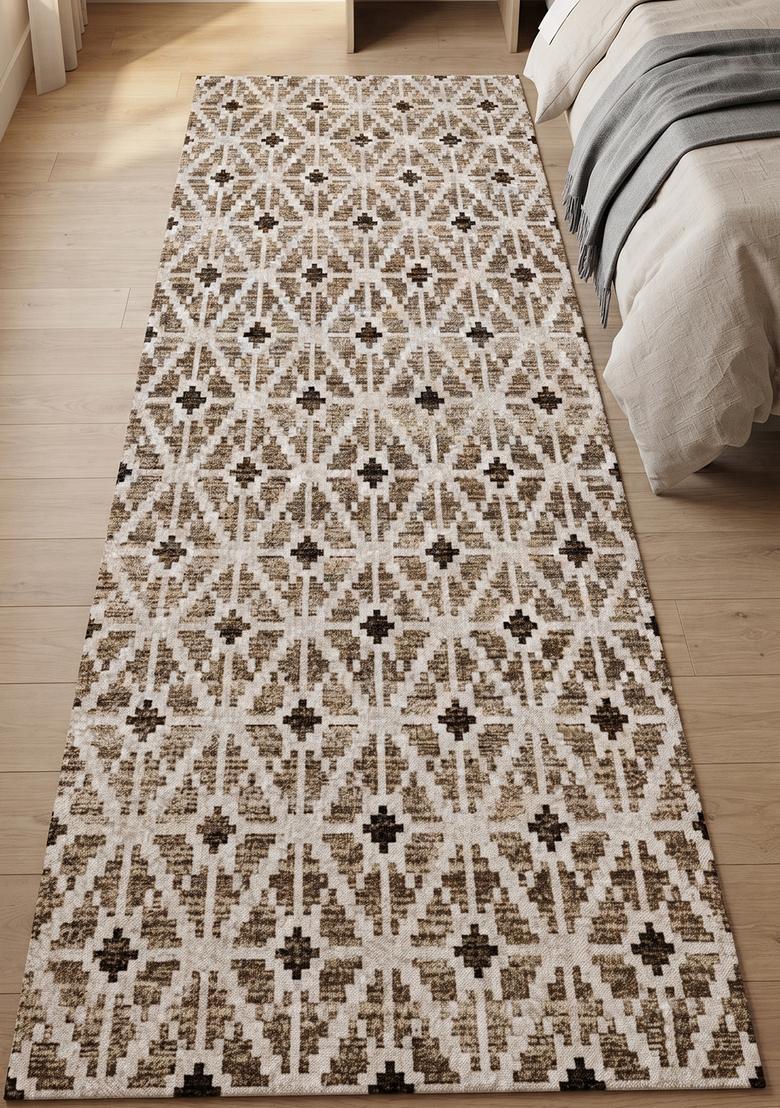 Saffron Rugs Wool Tufted Machine Washable Runner | Water Repellent Non Slip | Beige Brown Moroccan Trellis for Kitchen Bedroom Living Room Hallway - Indya