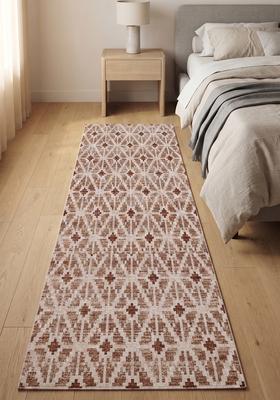 Saffron Rugs Wool Tufted Machine Washable Runner | Water Repellent Non Slip | Terracotta Brown Moroccan Trellis for Kitchen Bedroom Living Room Hallway