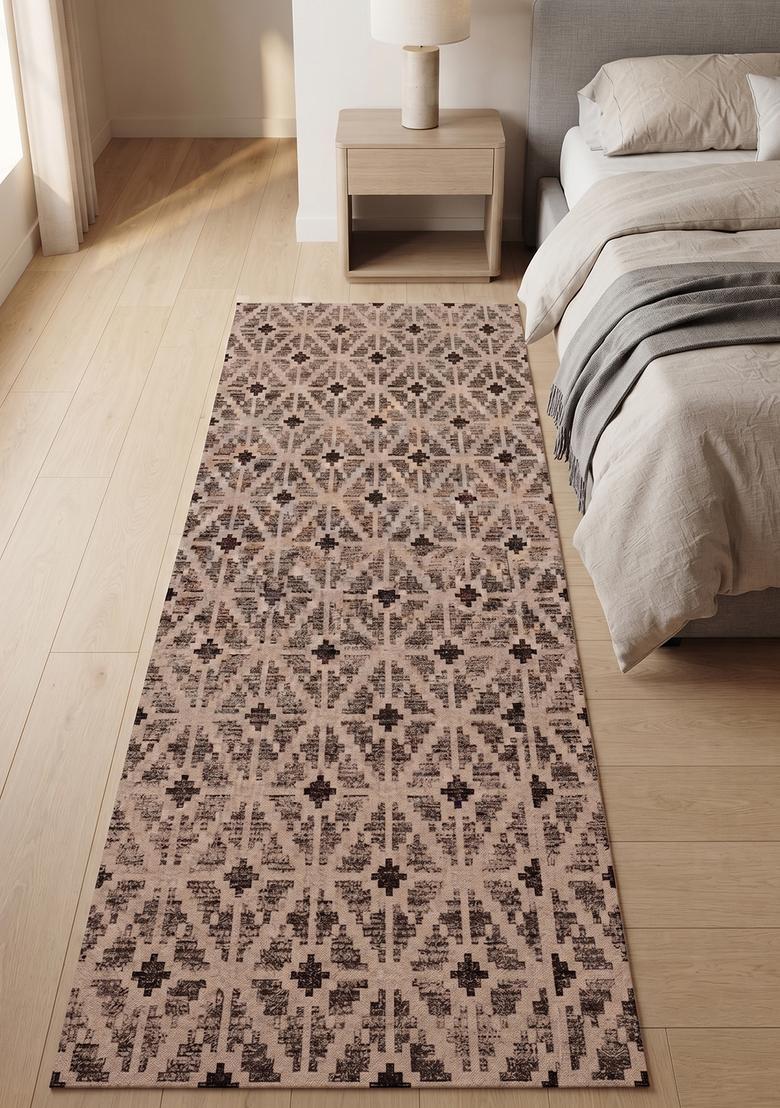 Saffron Rugs Wool Tufted Machine Washable Runner | Water Repellent Non Slip | Beige Charcoal Moroccan Trellis for Kitchen Bedroom Living Room Hallway - Indya