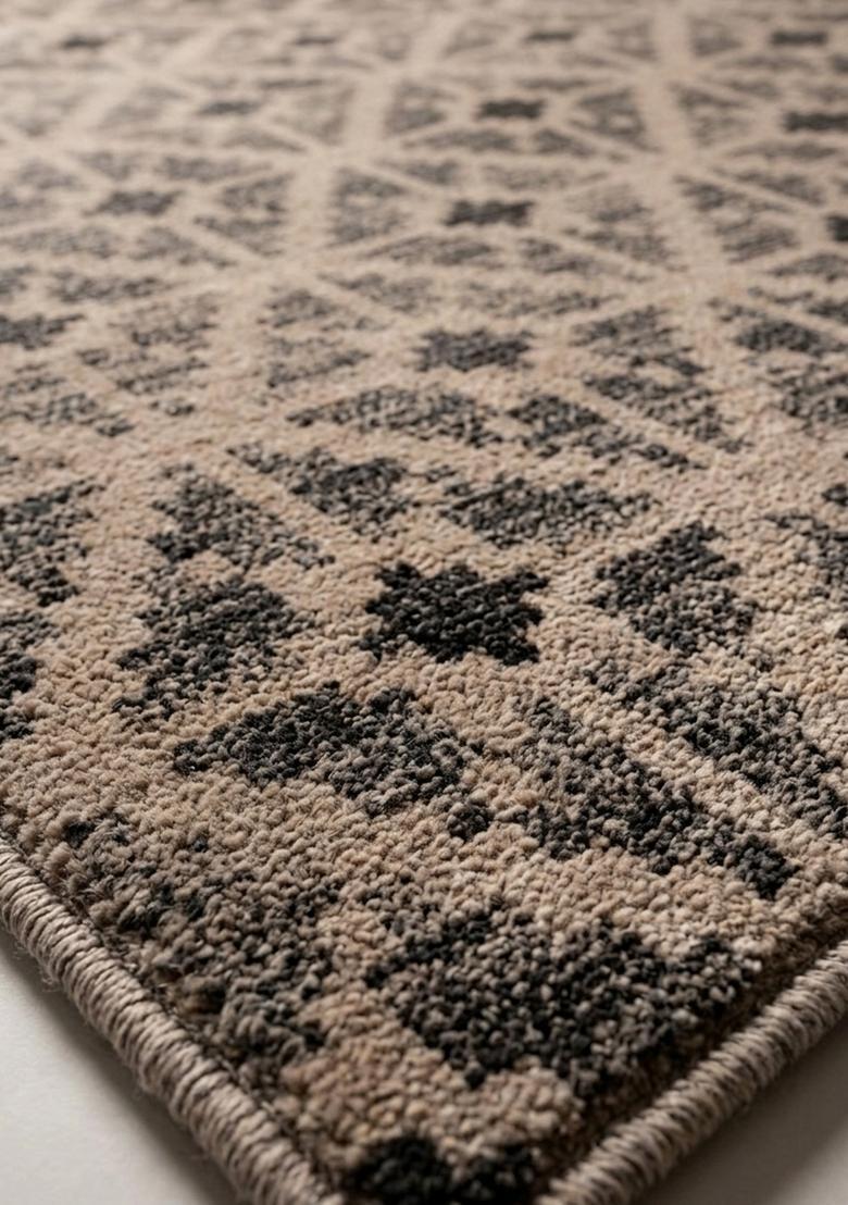 Saffron Rugs Wool Tufted Machine Washable Runner | Water Repellent Non Slip | Beige Charcoal Moroccan Trellis for Kitchen Bedroom Living Room Hallway - Indya