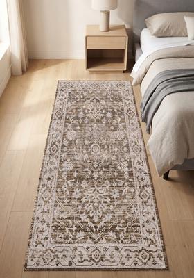 Saffron Rugs Wool Tufted Machine Washable Runner | Water Repellent Non Slip | Warm Brown Oriental Floral for Kitchen Bedroom Living Room Hallway