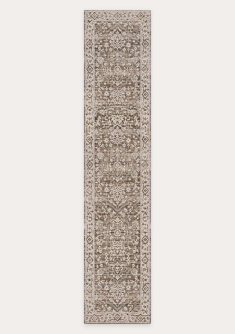 Washable Rugs Wool Blend Area Rug | Warm Brown Oriental Floral Non Slip Carpet For Kitchen - Indya