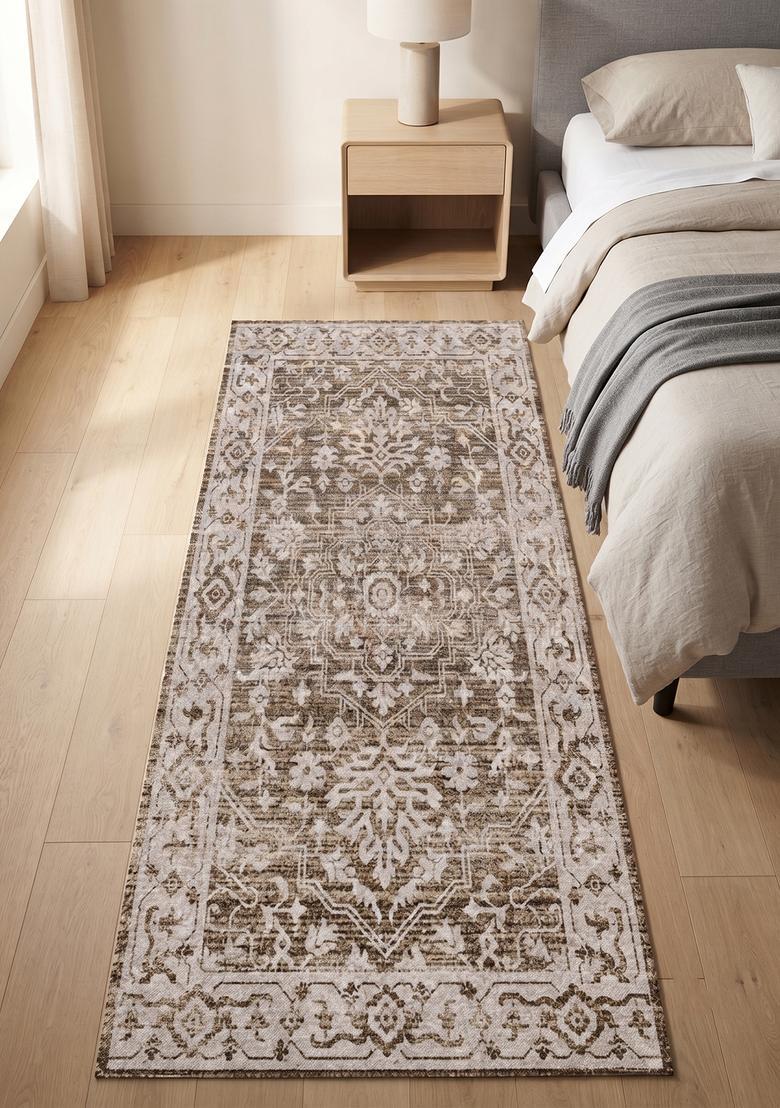 Saffron Rugs Wool Tufted Machine Washable Runner | Water Repellent Non Slip | Warm Brown Oriental Floral for Kitchen Bedroom Living Room Hallway - Indya