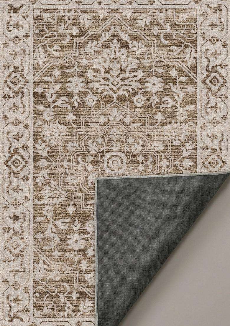 Washable Rugs Wool Blend Area Rug | Warm Brown Oriental Floral Non Slip Carpet For Kitchen - Indya