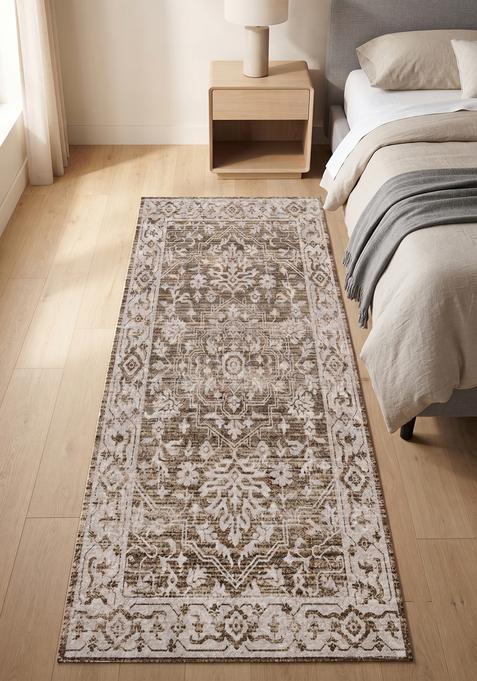 Saffron Rugs Wool Tufted Machine Washable Runner | Water Repellent Non Slip | Warm Brown Oriental Floral for Kitchen Bedroom Living Room Hallway