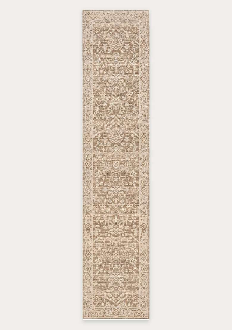 Washable Rugs Wool Blend Area Rug | Tan Beige Oriental Floral Non Slip Carpet For Kitchen - Indya