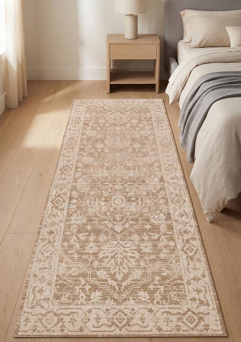 Saffron Rugs Wool Tufted Machine Washable Runner | Water Repellent Non Slip | Tan Beige Oriental Floral for Kitchen Bedroom Living Room Hallway - Indya