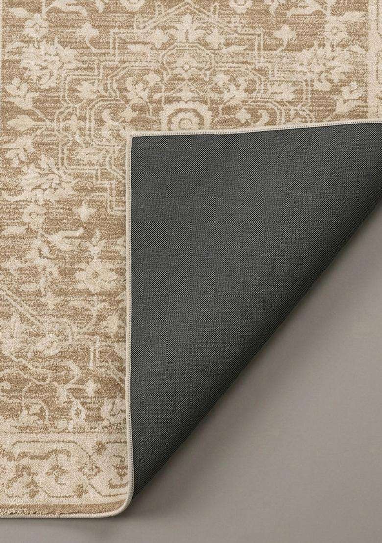 Washable Rugs Wool Blend Area Rug | Tan Beige Oriental Floral Non Slip Carpet For Kitchen - Indya