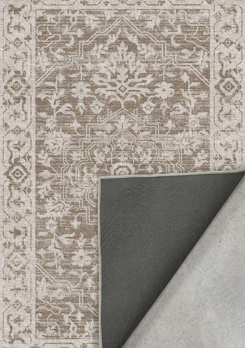 Washable Rugs Wool Blend Area Rug | Taupe Brown Oriental Floral Non Slip Carpet For Kitchen - Indya