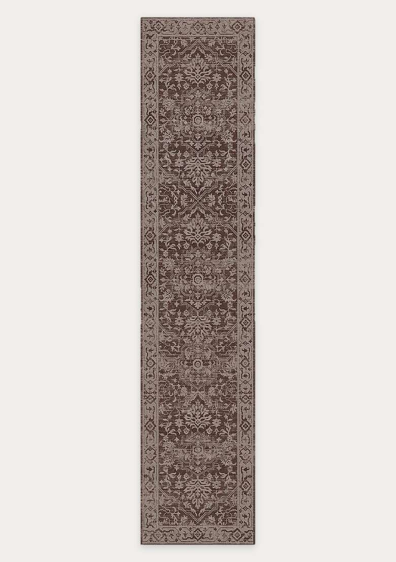 Washable Rugs Wool Blend Area Rug | Dark Brown Oriental Floral Non Slip Carpet For Kitchen - Indya