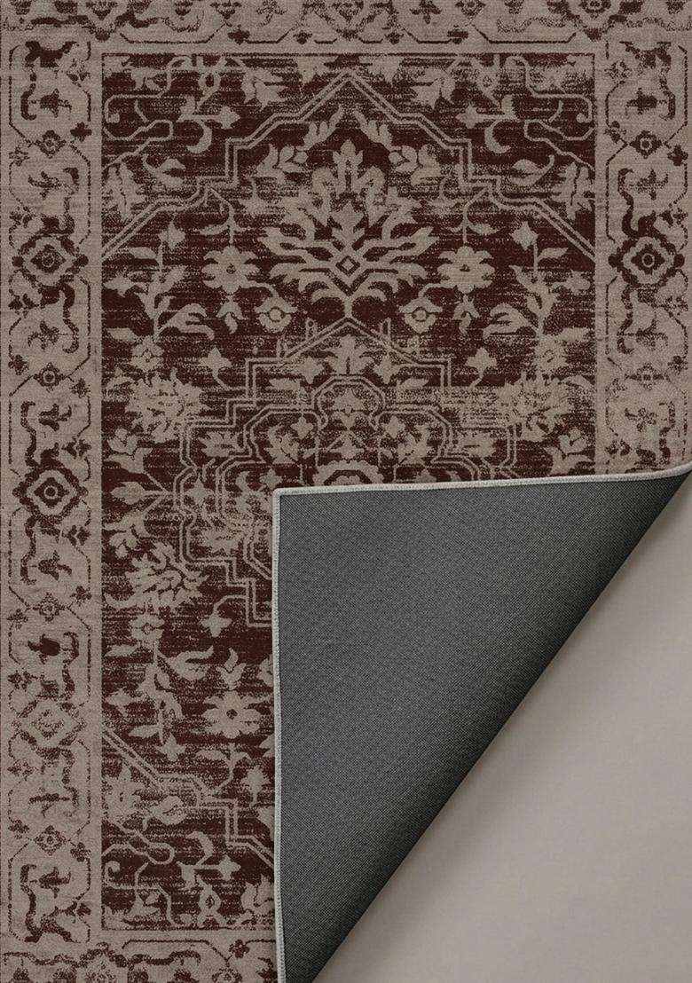 Washable Rugs Wool Blend Area Rug | Dark Brown Oriental Floral Non Slip Carpet For Kitchen - Indya