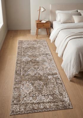 Saffron Rugs Wool Tufted Machine Washable Runner | Water Repellent Non Slip | Brown Taupe Vintage Trellis for Kitchen Bedroom Living Room Hallway