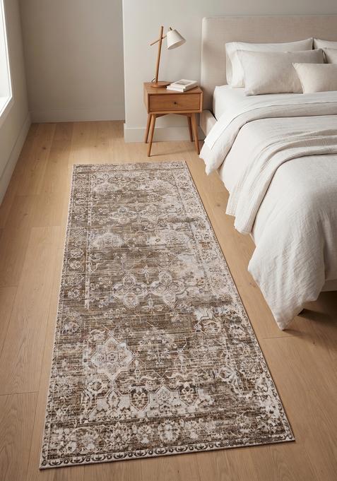Saffron Rugs Wool Tufted Machine Washable Runner | Water Repellent Non Slip | Brown Taupe Vintage Trellis for Kitchen Bedroom Living Room Hallway