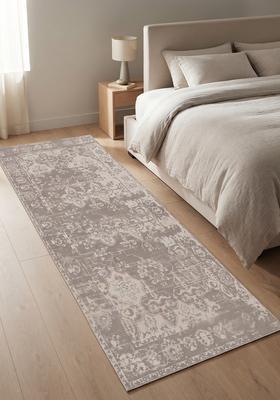 Saffron Rugs Wool Tufted Machine Washable Runner | Water Repellent Non Slip | Grey and Cream Vintage Trellis for Kitchen Bedroom Living Room Hallway