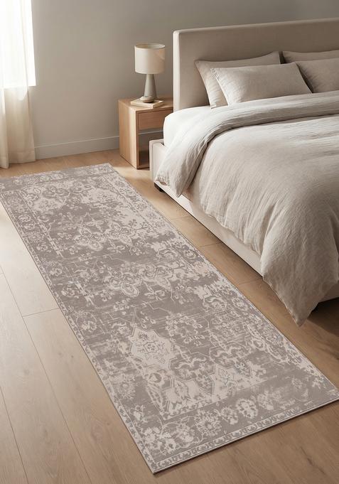 Saffron Rugs Wool Tufted Machine Washable Runner | Water Repellent Non Slip | Grey and Cream Vintage Trellis for Kitchen Bedroom Living Room Hallway