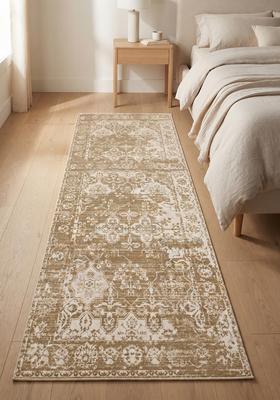 Saffron Rugs Wool Tufted Machine Washable Runner | Water Repellent Non Slip | Golden Tan Vintage Trellis for Kitchen Bedroom Living Room Hallway