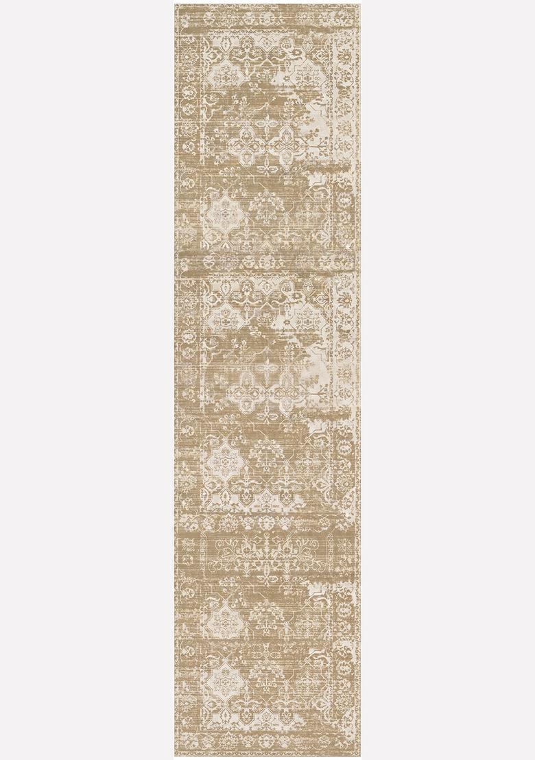 Saffron Rugs Wool Tufted Machine Washable Runner | Water Repellent Non Slip | Golden Tan Vintage Trellis for Kitchen Bedroom Living Room Hallway - Indya