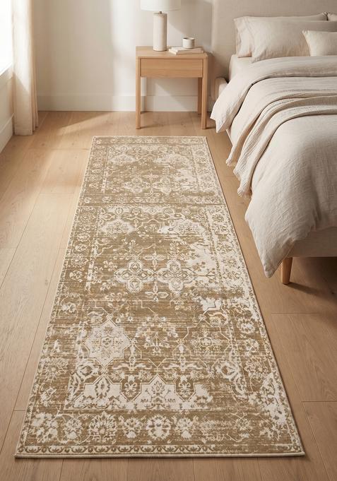 Saffron Rugs Wool Tufted Machine Washable Runner | Water Repellent Non Slip | Golden Tan Vintage Trellis for Kitchen Bedroom Living Room Hallway